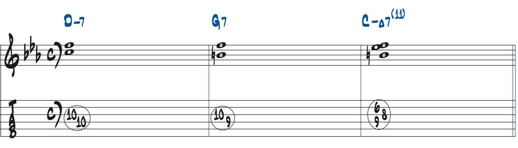 Dm7-G7-CmMa7(11)のコード進行楽譜