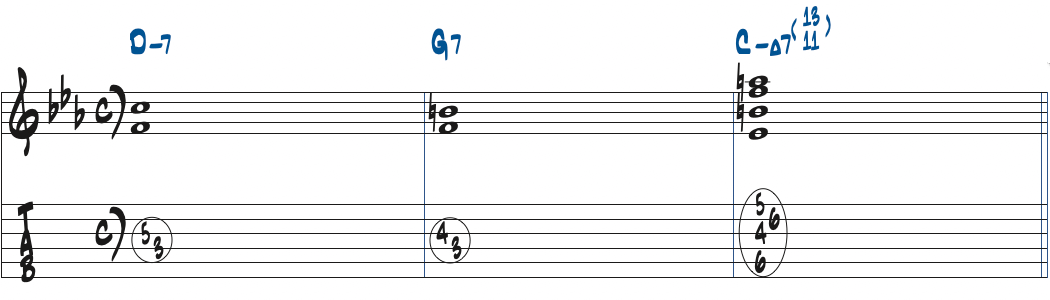 Dm7-G7CmMa7(11,13)のコード進行楽譜