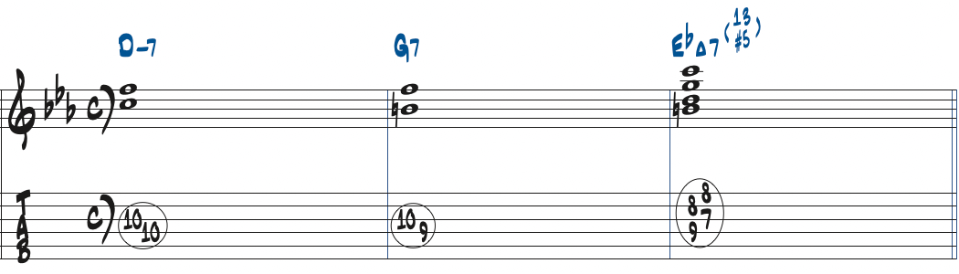 Dm7-G7-EbMa7(#5,13)のコード進行楽譜