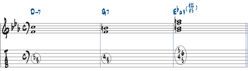 Dm7-G7-EbM9(#5,#11)のコード進行楽譜