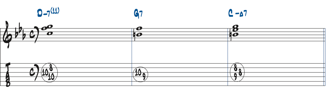 Dm7(11)-G7-CmMa7のコード進行楽譜