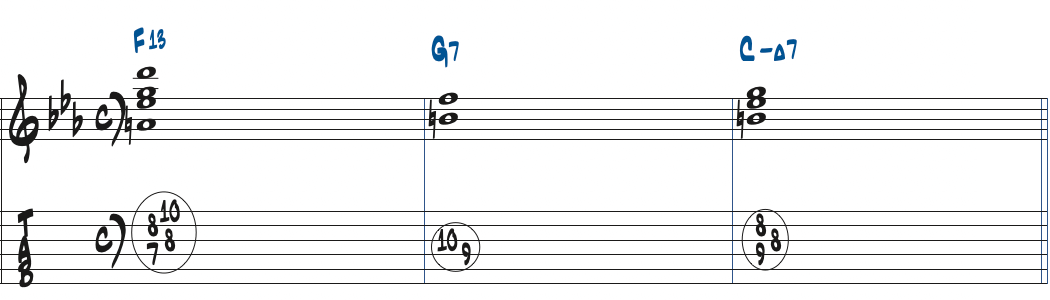 F13-G7-CmMa7のコード進行楽譜