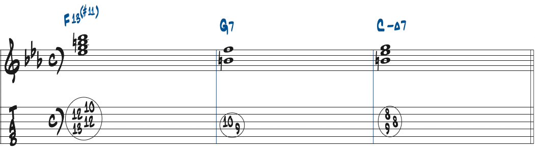 F13(#11)-G7-CmMa7のコード進行楽譜