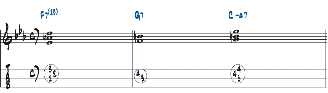 F7(13)-G7-CmMa7のコード進行楽譜