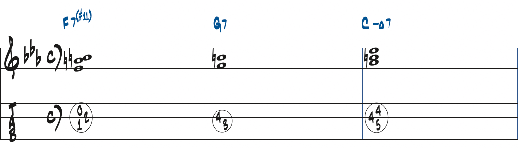 F7(#11)-G7-CmMa7のコード進行楽譜