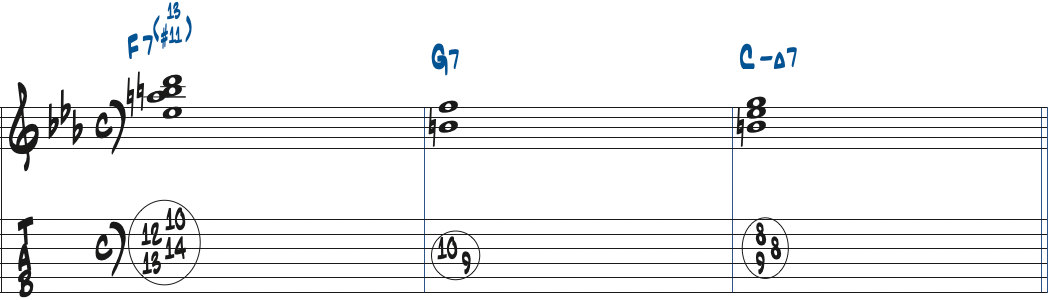 F7(#11,13)-G7-CmMa7のコード進行楽譜