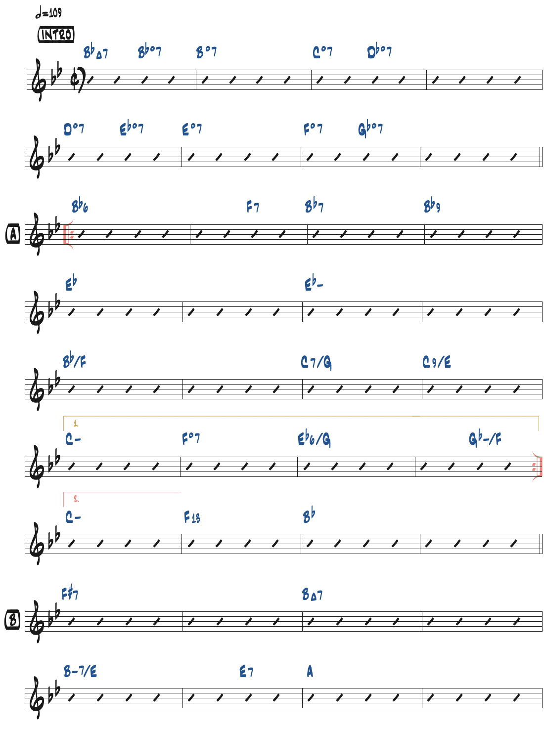 Ray NobleのCherokeeコード進行ページ1