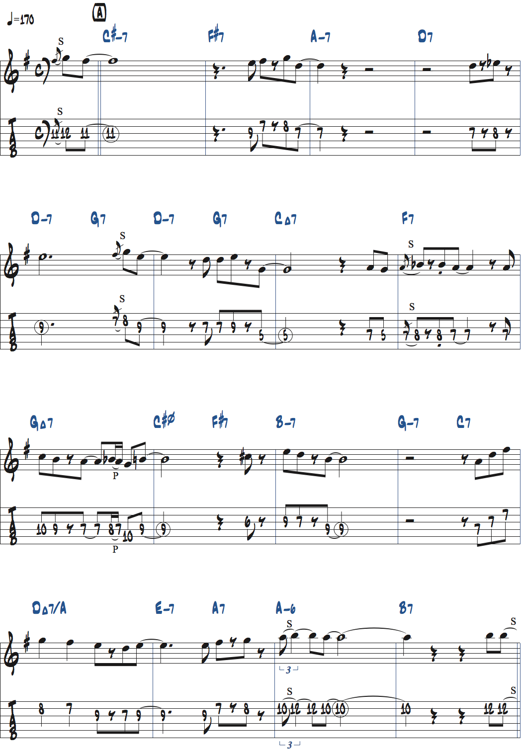 ジム・ホール「星影のステラ」メロディコピー譜タブ譜ページ1