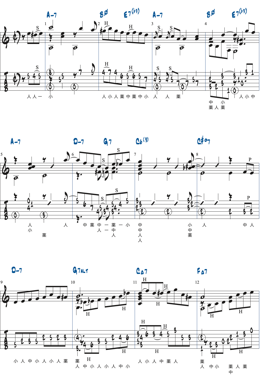 Black Orheusのコード進行を使ったアドリブ例楽譜ページ1