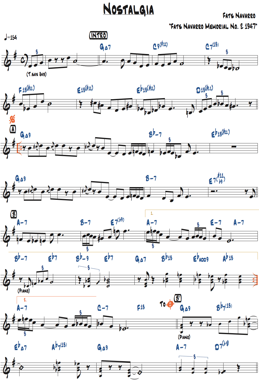 ファッツ・ナヴァロ作曲　nostalgiaのリードシート・ページ1楽譜