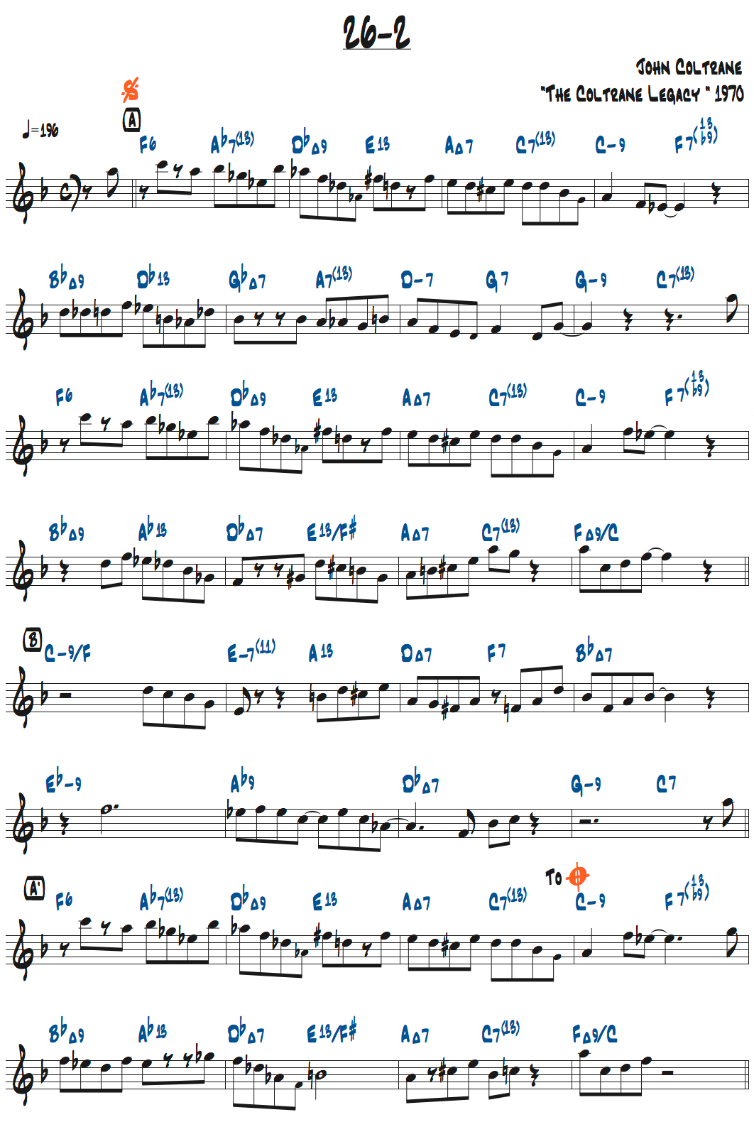 ジョン・コルトレーン作曲26-2のリードシートページ1楽譜