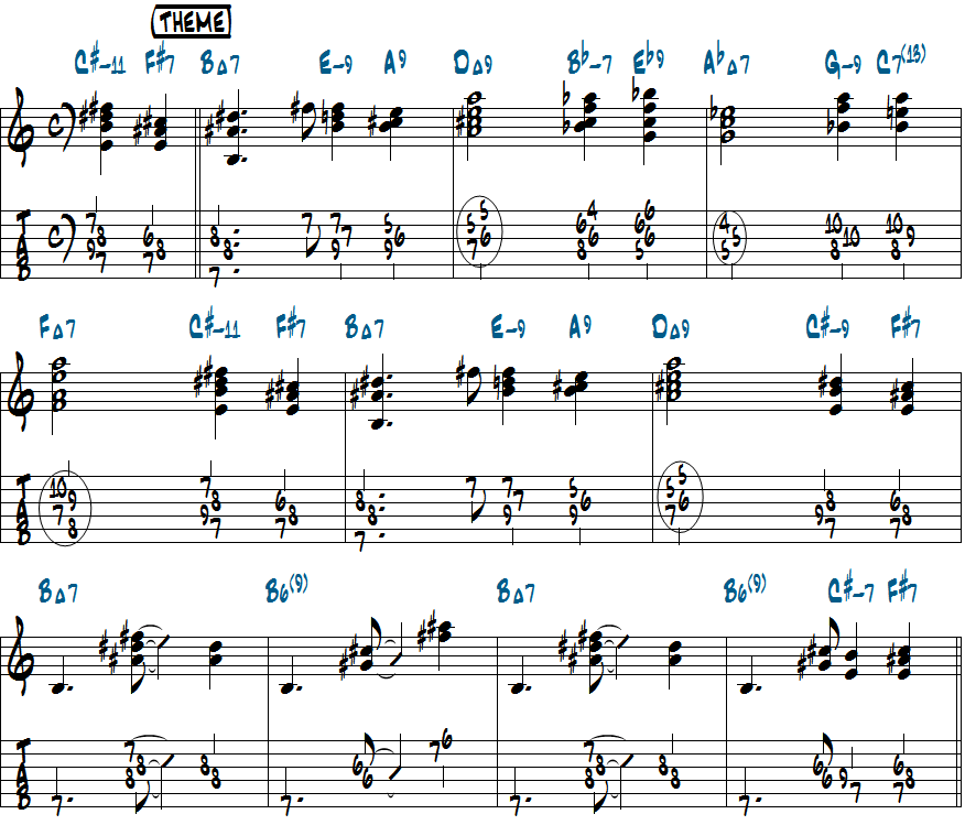 ジョン・コルトレーン作曲Central Park Westのピアノコンピング最初のテーマ楽譜ページ1