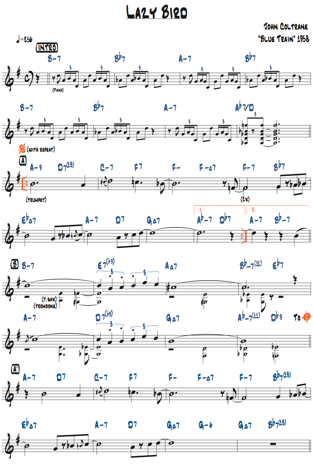 ジョン・コルトレーン作曲Lazy Birdのリードシートページ1楽譜