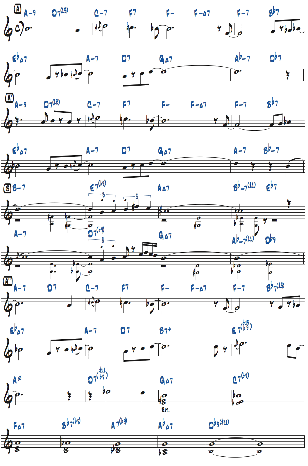 ジョン・コルトレーン作曲Lazy Birdのメロディーとコードネーム楽譜
