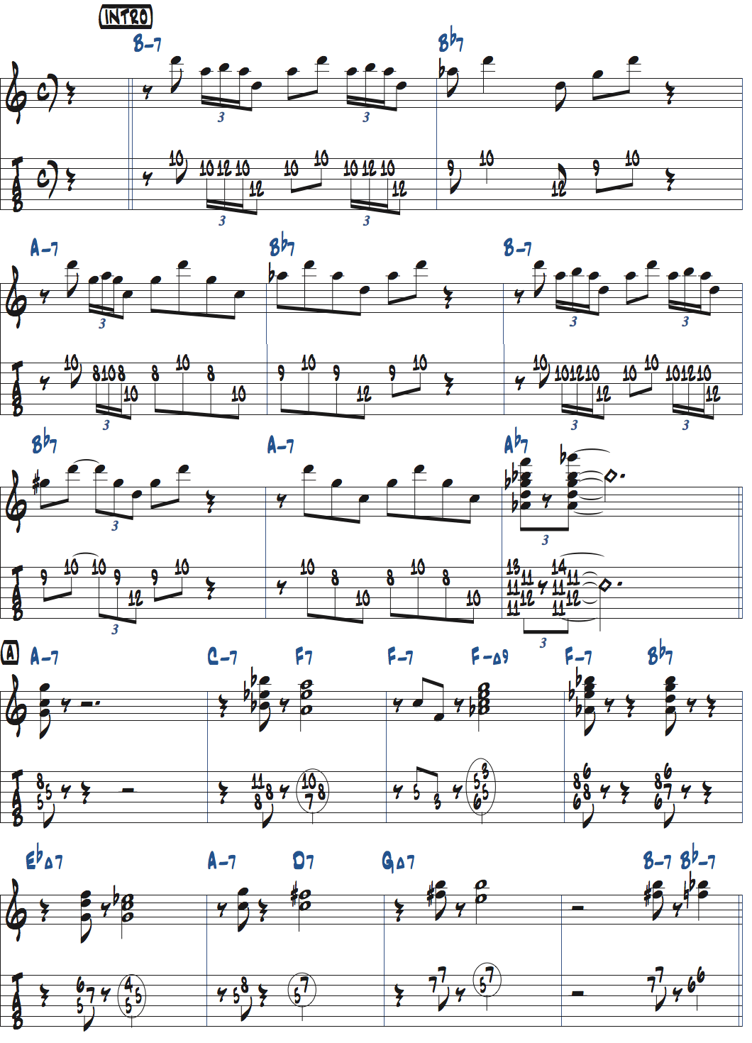 ジョン・コルトレーン作曲Lazy Birdのピアノコンピング前テーマ・メロディページ1楽譜