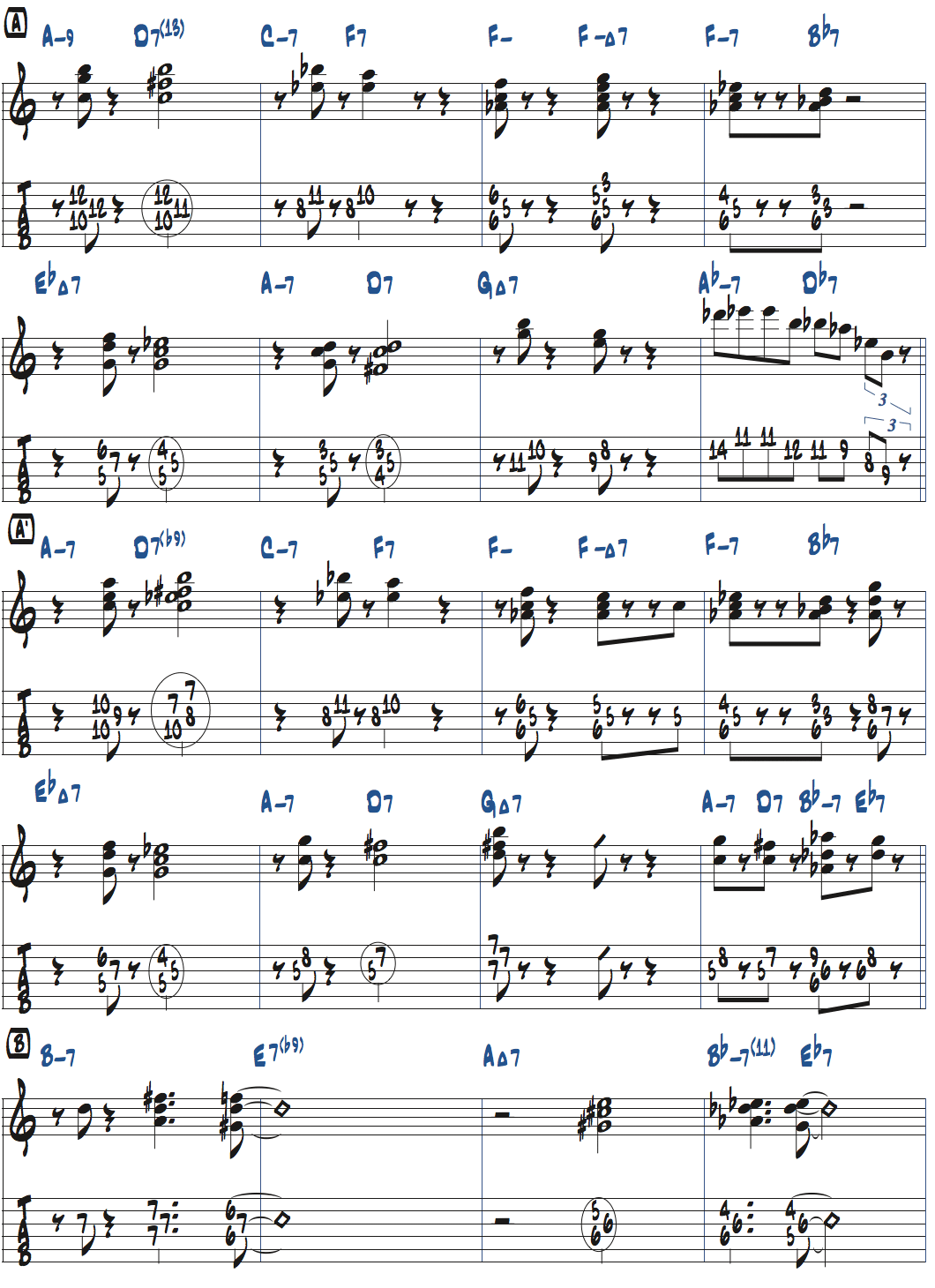 ジョン・コルトレーン作曲Lazy Birdのピアノコンピング後テーマ・メロディページ1楽譜