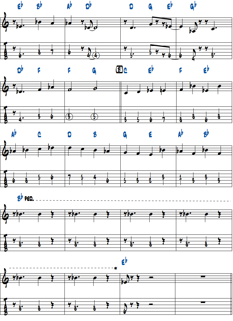 ジョン・コルトレーン作曲Moment's Noticeのベースライン最初のテーマページ3楽譜