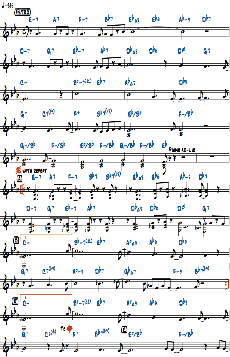 ジョン・コルトレーン作曲Moment's Noticeのリードシートページ1楽譜