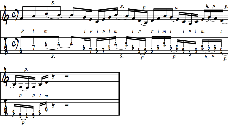 フィンガリングテクニック（スライド、プリング、ハンマリングなど）を使って、フレーズを滑らかにした例楽譜