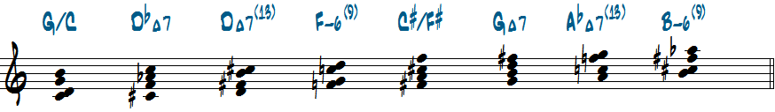 CメシアンモードNo.4を1音+2音+1音おきに音を積んで出来る4和音