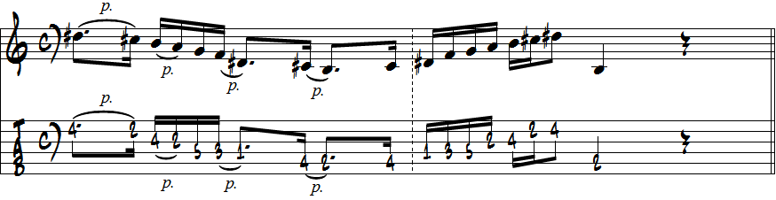 BメシアンモードNo.3から出来るホールトーンスケールを弾いた例五線譜＋タブ譜