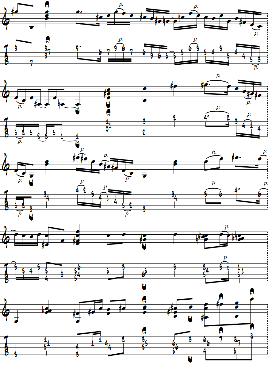 CメシアンモードNo.4をさまざまなコードを想定して演奏した例五線譜＋タブ譜ページ２