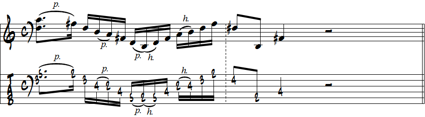 B　メシアンモードNo.3演奏例１五線譜＋タブ譜