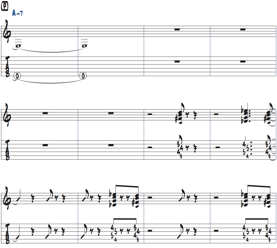 パット・マルティーノimpressionsのピアノソロでのコンピング楽譜ページ1