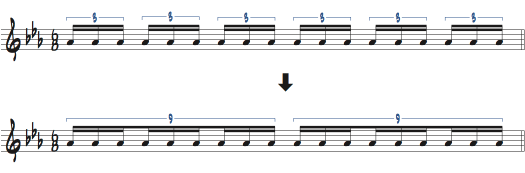 8分の6拍子で16分の3連符をまとめた9連符楽譜