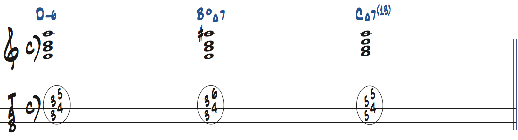 Dm6-BdimMa7-CMa7(13)のコード進行をドロップ2で弾く楽譜