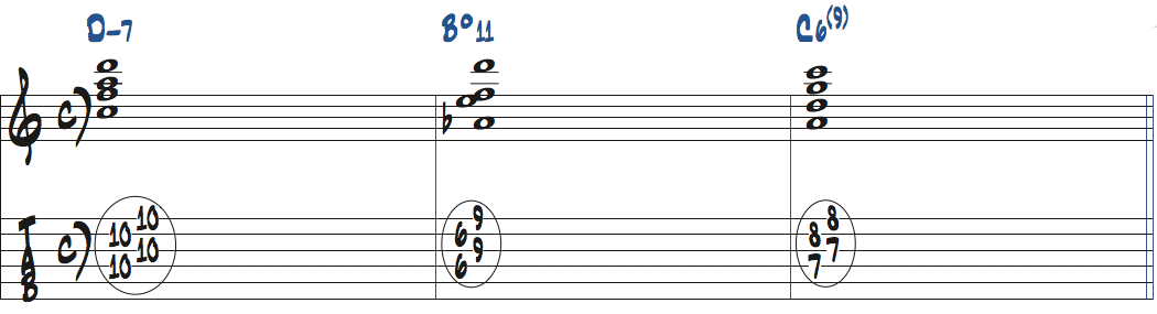 Dm7-Bdim11-C6(9)のコード進行をドロップ2で弾く楽譜