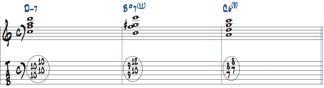 Dm7-Bdim7(11)-C6(9)のコード進行をドロップ2で弾く楽譜