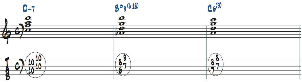 Dm7-Bdim11-C6(9)のコード進行をドロップ2で弾く楽譜