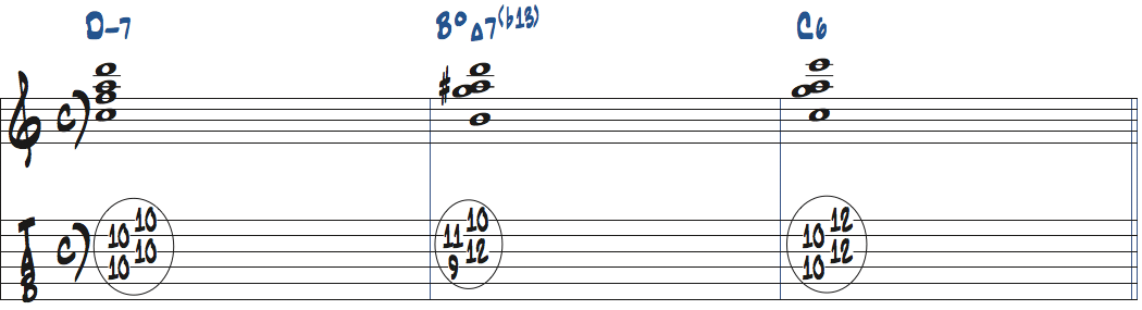 Dm7-BdimMa7(11forb5)-C6のコード進行をドロップ2で弾く楽譜