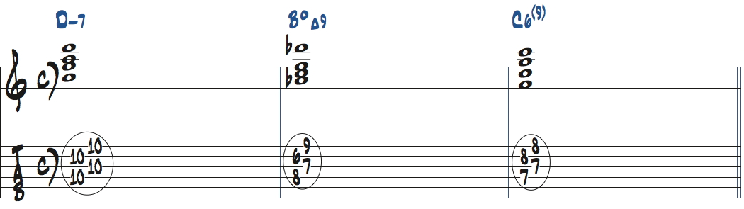 Dm7-BdimMa9-C6(9)のコード進行をドロップ2で弾く楽譜