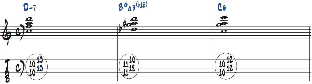 Dm7-BdimMa9(b13)-C6のコード進行をドロップ2で弾く楽譜