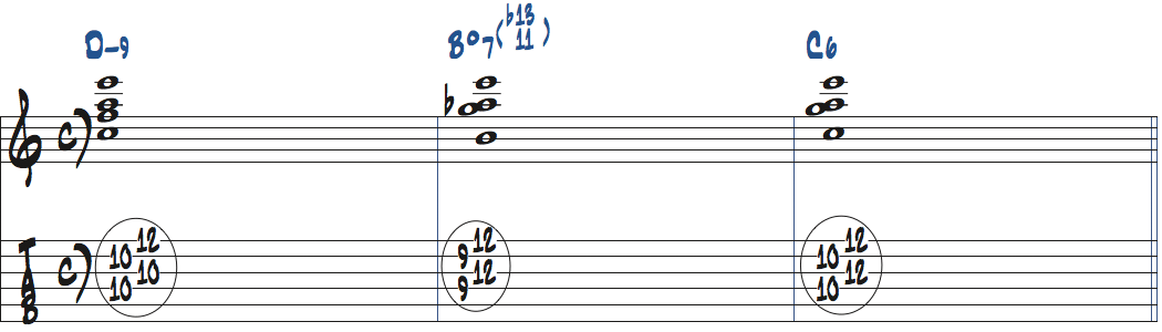 Dm9-Bdim7(11,b13)-C6のコード進行をドロップ2で弾く楽譜