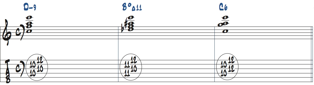 Dm9-BdimMa11(11 for b3)-C6のコード進行をドロップ2で弾く楽譜