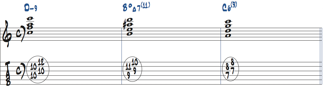 Dm9-BdimMa7(11forb5)-C6(9)のコード進行をドロップ2で弾く楽譜