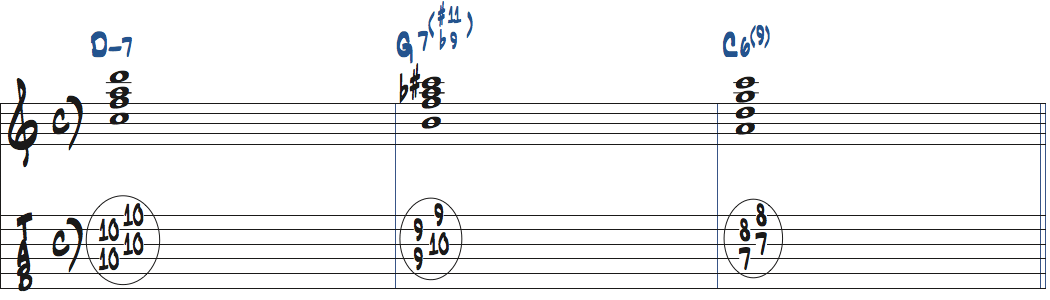 Dm7-G7(b9,#11)-C6(9)のコード進行をドロップ2で弾く楽譜