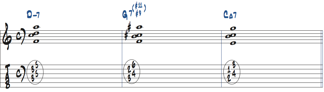 Dm7-G7(#9,#11)-CMa7のコード進行をドロップ2で弾く楽譜