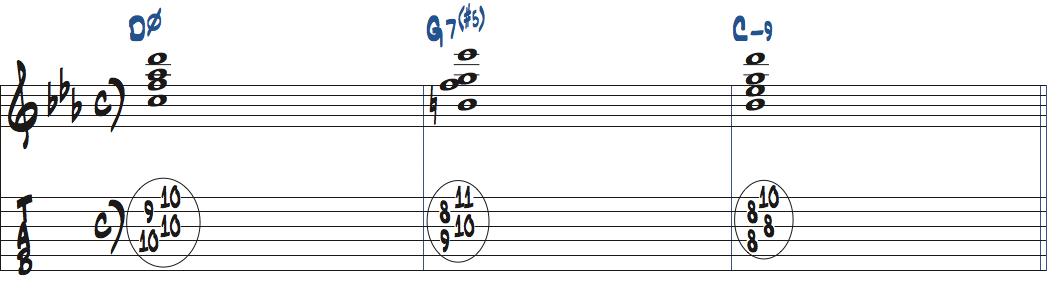 Dm7(b5)-G7(#5)-Cm9のコード進行をドロップ2で弾く楽譜