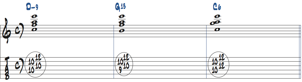 Dm9-G13-C6のコード進行をドロップ2で弾く楽譜