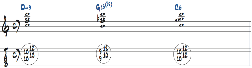 Dm9-G13(b9)-C6zのコード進行をドロップ2で弾く楽譜