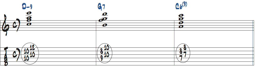 Dm9-G7-C6(9)のコード進行をドロップ2で弾く楽譜