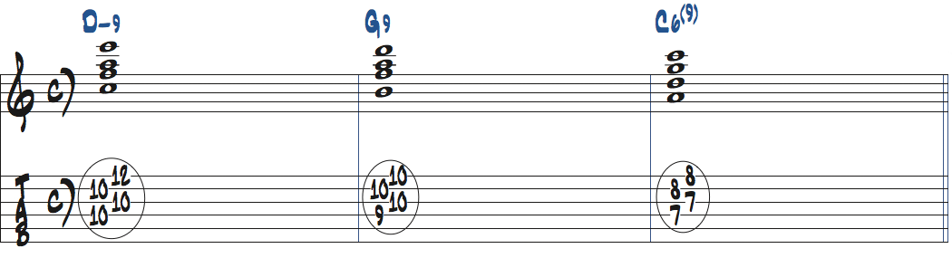 Dm9-G9-C6(9)のコード進行をドロップ2で弾く楽譜