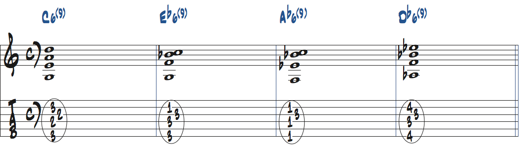 6(9)コードのドロップ3をC6(9)-Eb6(9)-Ab6(9)-Db6(9)で使った楽譜