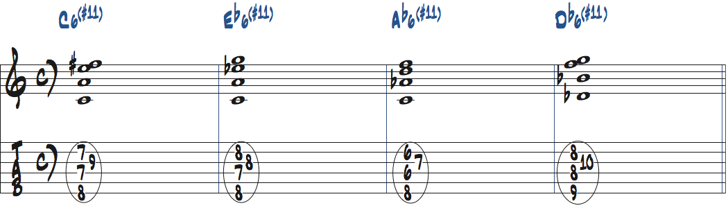 6(#11)コードのドロップ3をC6(#11)-Eb6(#11)-Ab6(#11)-Db6(#11)で使った楽譜
