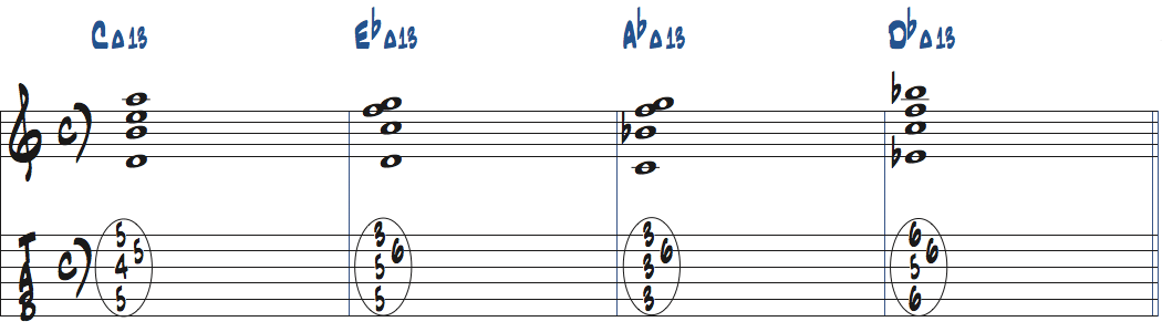 Ma13コードのドロップ3をCMa13-EbMa13-AbMa13-DbMa13で使った楽譜