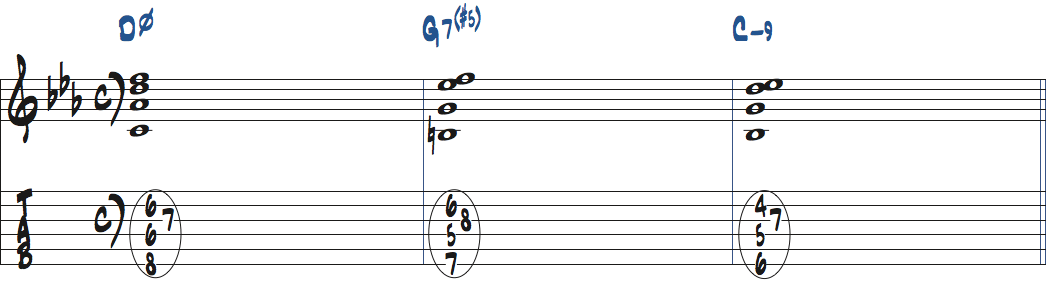 7(#5)コードをDm7(b5)9-G7(#5)-Cm9で使った楽譜